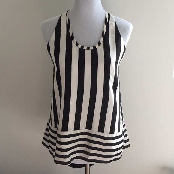 BCBGmaxazria Black White Silk Striped Hi-Low Top - Picture 4 of 4